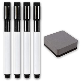 The Magnet Shop Whiteboard Markers, Magnetic Dry Erase Pens with Eraser Tip for Home, Office, with Dry Erase Food Planners (Black, 4 Pack + Eraser)