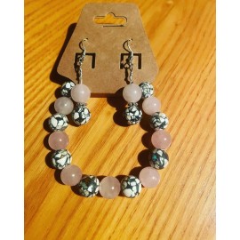 Handmade Crystal Gemstone Aromatherapy Diffuser Bracelet EO and Earrings Rose Qtz Howlite