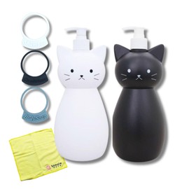 Cat-Shaped Dispenser 32 oz/950㎖ White & Black with 3 Dispenser Markers & Microfiber Towel Set　Empty Plastic Pump Bottles, Shampoo, Conditioner, Body Soap, Hand Pump Bottle, Refillable Container