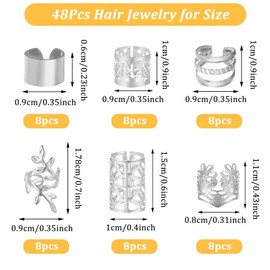 48Pcs Silver Hair Jewelry for Braids 6 Styles Hair Cuffs Adjustable Braid Jewelry Clips Loc Dreadlock Accessories for Women and Girls