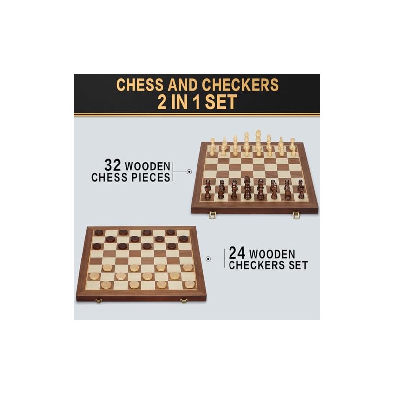 2 in 1 Magnetic Wooden Chess and Checkers Board Game