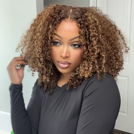 Domiso 18 Inch Highlight Wear and Go Glueless Wig Honey Ombre Pre Cut 6x4 HD Lace Front Wigs Human Hair 4/27 Honey Blonde Kinky Curly Wigs for Black Women Glueless Wigs Human Hair Pre Plucked