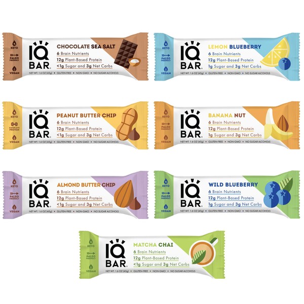 IQBAR Brain + Body Protein Bars, 7 Bar Sampler, Keto, Vegan, Paleo Friendly, Low Sugar, Low Net Carb, High Fiber, Plant Based, Dairy Free, Gluten Free, No Sugar Alcohols
