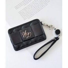 Alto Rose (SecretDoor) Pass Case, Periodicals, IC Card with Strap, Reel Included, IC Card, Quilting, Houndstooth Pattern, Ribon, Ribbon Whip, Black