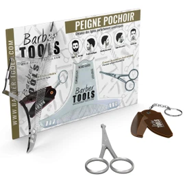 Beard Cutting Set | Accessories for Beard & Barber Moustache, Contour Marking Comb + Beard Scissors + Folding Keychain Comb