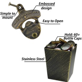 Jumiok Vintage Wall Mount Bottle Opener with Cap Catcher Stainless, Old Style Post Mounted Beer Opener and Cap Bucket Antique Bronze