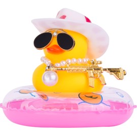MuMyer Yellow Duck Car Ornament Swim Ring Car Rubber Ducks Dashboard Decoration with Mini Cowboy Hat Swim Tube Necklace Alloy Glasses and Cool Accessories(B-Pearl Necklace-Pink&White)