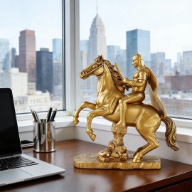 Gold Knight Mounted Horse Resin Statue Hand-Painted Copper-Like Texture Luxurious Fashion Art Decor Ornaments Character BusinessColor: As picture, Size: One Size