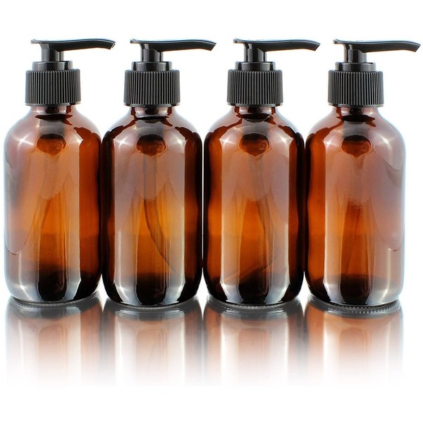 Cornucopia 4oz Amber Glass Pump Bottles (4-Pack); Great for Lotions, Liquid Soap, Aromatherapy and More