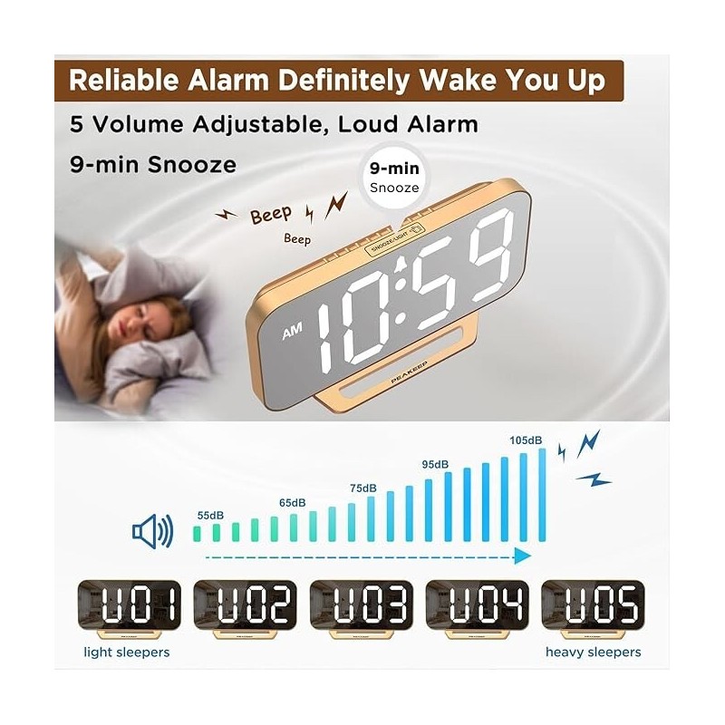 Peakeep Slim Digital Mirror Clock, Aesthetic Alarm Clock for Desk