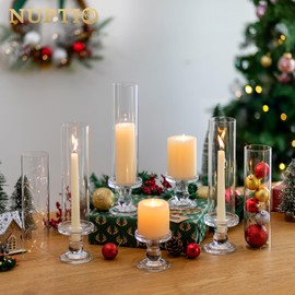 NUPTIO Hurricane Candle Holder for Wedding: Set of 10 Glass Taper Candle Stick Holders with Bottomless Shade - Bulk Windproof Candlestick Stand for Christmas Holiday Table Decor