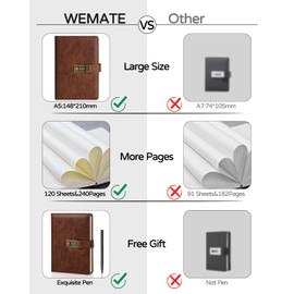 WEMATE Diary with Lock, A5 PU Leather Journal with Lock, 240 Pages, Vintage Lock Journal with Pen & Gift Box, Lockable Diary for Women and Men, 8.6 x 5.8 inches, Brown