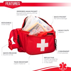 NOVAMEDIC First Aid Fanny Pack Stocked with 75 Piece Emergency Essentials, 8"x2"x6", Waist Bag w/ 3 Zippered Compartments & Adjustable Strap for Lifeguard, Hiking, Travel Men & Women, Durable, Red