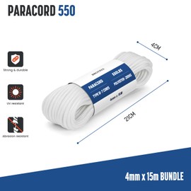 Brotree 550 Paracord 4 mm 15 m Cord 100% Polyester Rope Tear-Resistant Type III 7 Core for Bracelets, Crafts, Outdoor, Camping, Survival - White
