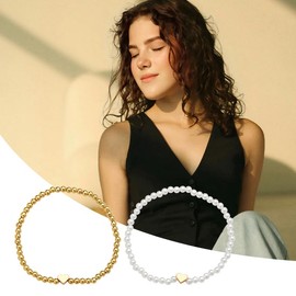 2Pcs Pearl Heart Bracelets for Women Girls Pearl Heart Stretch Bead Bracelet Set for Women Girls Heart Pearl Stackable Bracelets for Women Girls Layered Heart Bracelet for Wedding Party Prom