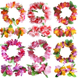 Hawaiian Flower Headband Wristbands Tropical Hawaii Luau Leaf Bracelets Hair Hoops Wreath Women Headpiece Hair Bands Summer Beach Vacation Party Decoration Cosplay Costume Hair Accessories 18 Pack
