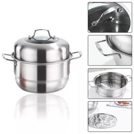 Live Well Stainless Steel Steamer Pot 2-Tier  Stock Pot Vegetable Steamer 2 Steaming Tray - 13 in