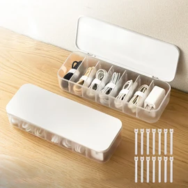 PAVSTINE 2 Pcs Cable Organizer Storage Box with 14 Wire Ties,Desktop Cable Management Box with Lid,Power Cord Organizer for Office,Home,Desk Accessories Storage Stationery Supplies White