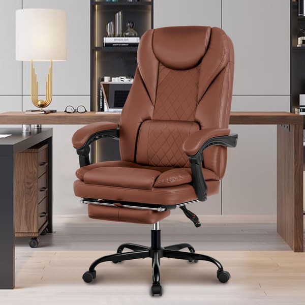 Guessky Executive Office Chair with Padded Armrests, Big and Tall with Foot Rest Reclining Leather High Back Home Office Desk Chair with Lumbar Support (Brown)