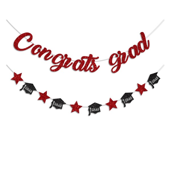 Vofrise Red Congrats Grad Banner Glitter Graduation Banner for Graduation