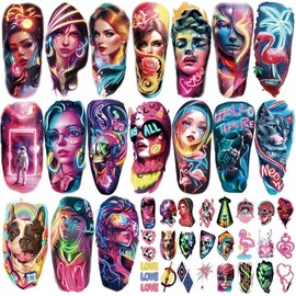77 Sheets Chicano Cholo Chola Temporary Tattoos Realistic Adult Fake Tattoos Gangster Prisoner Day of the Dead Ride or Die Chola Mexico Payasas Lowriders Joker Tattoo Stickers for Men Women - Color: Neon Girl