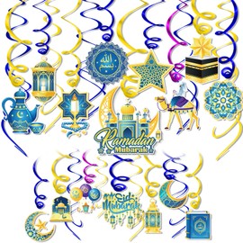 DPKOW 30 Pieces Ramadan Mubarak Hanging Decoration, Moon Star Mosque Slides Hanging Spiral for Ramadan Ceiling Decoration, Eid Mubarak Hanging Spiral Decoration for Eid Hanging Decoration