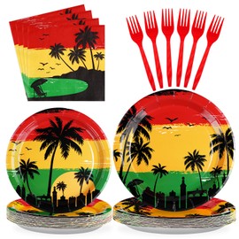 96Pcs Reggae Birthday Party Supplies Jamaican Rastafari Palm Tree Plates and Napkins Tableware Summer Music Jamaican Party Decoration for Grafitti Jamaica Festival Hawaiian Party Favors, Serves 24