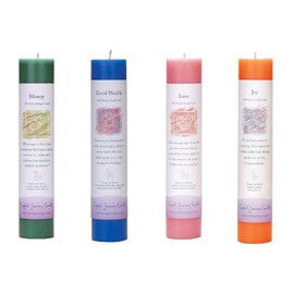 Crystal Journey Herbal Pillar Candle with Inspirational Labels - Bundle of 4 (Money, Good Health, Love, Joy) Each 7"x1.5" Handcrafted with Lead-Free Materials
