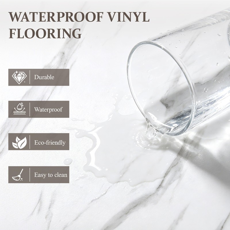 DEXDE Peel and Stick Floor Tile White Marble Waterproof 2FTx2FT