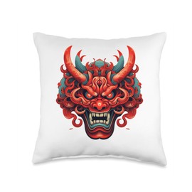 Scary Red Yokai Oni Mask Japanese Anime Warrior Throw Pillow