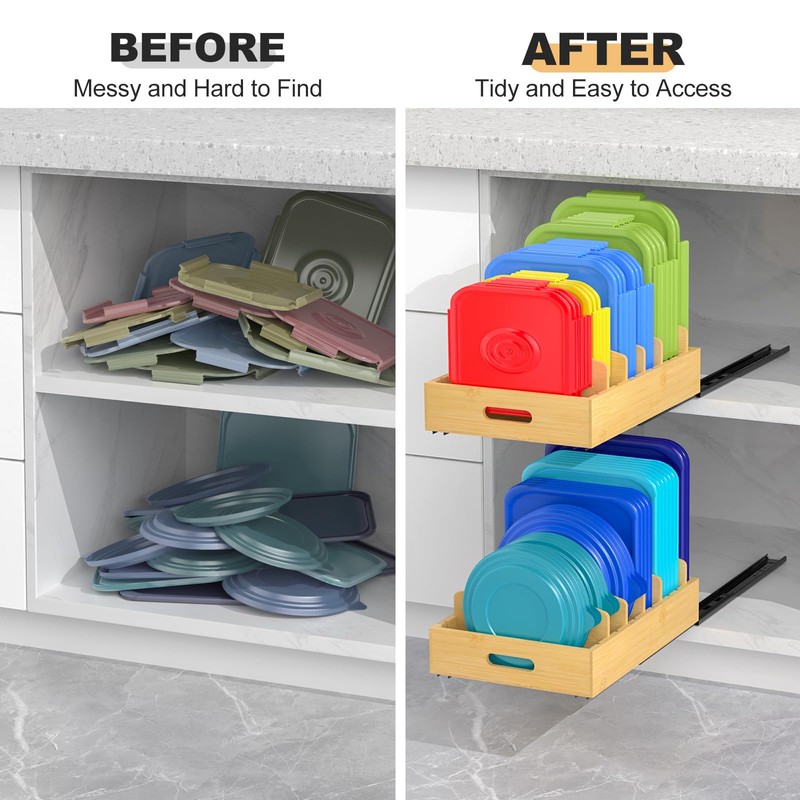 Housolution Pull Out Food Container Lid Organizer with Sliding Rail,