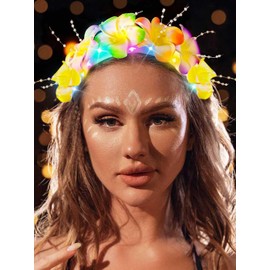 Sixexey Light Up Flower Headband LED Hawaii Hair Hoop Colorful Rainbow Headpieces Hawaiian Headbands Summer Beach Hair Accessories for Women