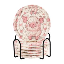 Msyxl Cute Pig Drink Coasters Set - 6 Pcs Minimalist Woven Coasters with Holder for Home Decor, 3.94 Inch Absorbent Coasters for Drinks
