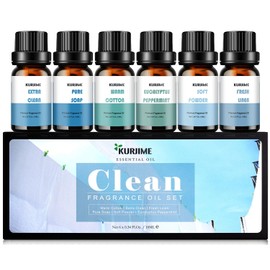 Essential Oils Set, Clean Scents Fragrance Oil Essential Oils for Diffuser Aromatherapy - Fresh Linen, Extra Clean, Warm Cotton, Soft Powder, Pure Soap, Eucalyptus Peppermint, 6x10ml