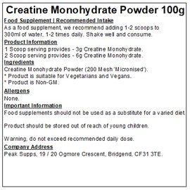 Peak Supps Creatine Monohydrate Powder - All Flavours - Micronised (Unflavoured, 100g)