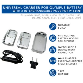 Universal All-in-One Travel Camera Battery Charger with 2 Interchangeable Battery Pods for Olympus LI10B, LI30B, LI40B, EL10, CNP80, LI63, OBLM1, BLS1, LI50B, LI-60B, LI70B