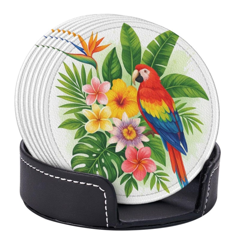 Famame 6 Pcs Tropical Leaves Parrot Toucan Leather Coasters for