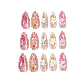 30 Pcs Handmade Summer Press on Nails Short Almond 3D Flowers Bloom Design,YIHONGYAN Fake Nails Press ons Nails French Tip Acrylic Nail Set Glue on Nails Full Cover False Nails Stick on Nails Women