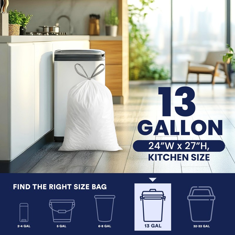 Plasticplace 13 Gallon Trash Bags 1.2 Mil White Drawstring Garbage