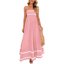 PRETTYGARDEN Women's 2025 Summer Flowy Maxi Dress Casual Sleeveless Spaghetti Strap Ruffle Beach Long Dresses (Pink,Small)