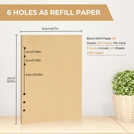 Skycase A5 Refill Paper - 3 Packs of 240 Sheets/480 Pages, 6-Hole Blank Paper for Ring Binder & Filofax A5, Brown, Ideal for School, Office, Study