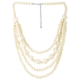 COOLSTEELANDBEYOND Layered Cream Bead Statement Necklace Round and Faceted Wood Beads Tribal Boho Chunky Jewelry Gift