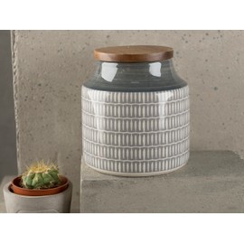 Mikasa Drift Ceramic Storage Canister for Tea, Coffee or Sugar, Hand Decorated Grey Batik Design, Wooden Lid, 12.5cmx12cm, 900ml