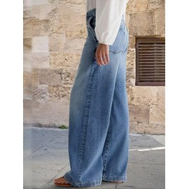Flamingals Wide Leg Jeans for Women Trouser Jeans Wash Stitch Decor Baggy Jeans Without Belt Mid Blue 2XL