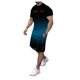 GORGLITTER Men's Summer Outfits 2 Piece Ombre Letter Graphic Short Sleeve Tee Top Drawstring Shorts Sets Tracksuit Grey Large