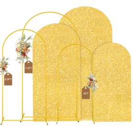 MODFUNS Metal Arch Backdorp Stand and Cover Set 6&6.6&7.2ft Gold Sequins Arch Backdrop Cover Set of 3 Golden Arched Backdrop Stand Wedding Arch Frame for Birthday Party Banquet Decoration