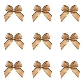 Aysekone 100 Pieces Mini Metallic Edge Satin Bowknot Flowers DIY Craft Ribbon Bow Appliques for Sewing,Scrapbooking,Wedding and Decoration (Gold Metallic Edge - Brown)