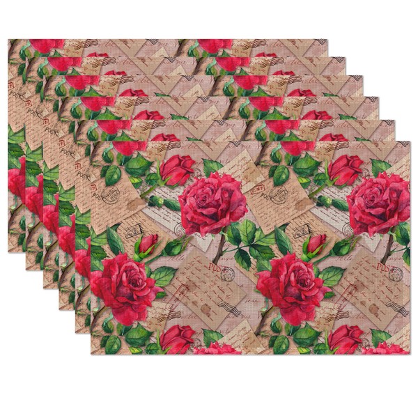 Red Rose Flower Placemats Set of 6,Stamp Vintage Linen Washable