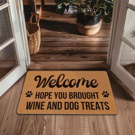 Welcome Door Mat Hope You Brought Wine & Dog Treats Outdoor Indoor Entrance, Low-Profile Floor Mats Non Slip Durable Entrance Rugs for Entry, Patio, High Traffic Areas Front Door, 17" x 29.5"