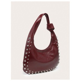 Verdusa Women's Studded PU Leather Shoulder Handbags Vintage Zipper Hobo Purses Clutch Bags Burgundy One Size
